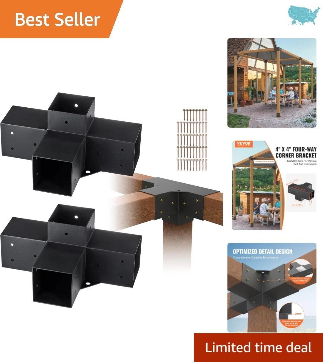 4-Way Pergola Bracket Kit - 2 Pack Heavy Duty Carbon Steel for Outdoor Projects gallery