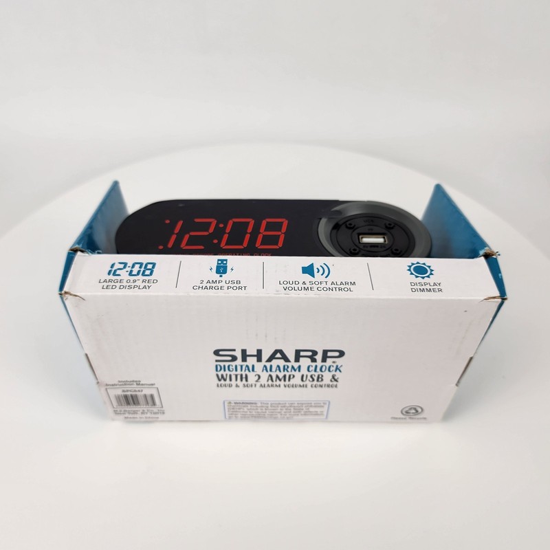 Sharp SPC547 Digital Alarm Clock w/ 2A USB Charger, Red LED, Dimmer, Snooze gallery
