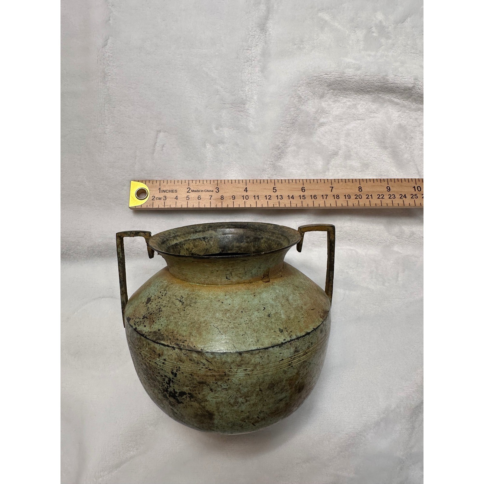 Vintage Verdigris Brass Vessel Rustic Patina Handle Pot Planter 7 Inch gallery