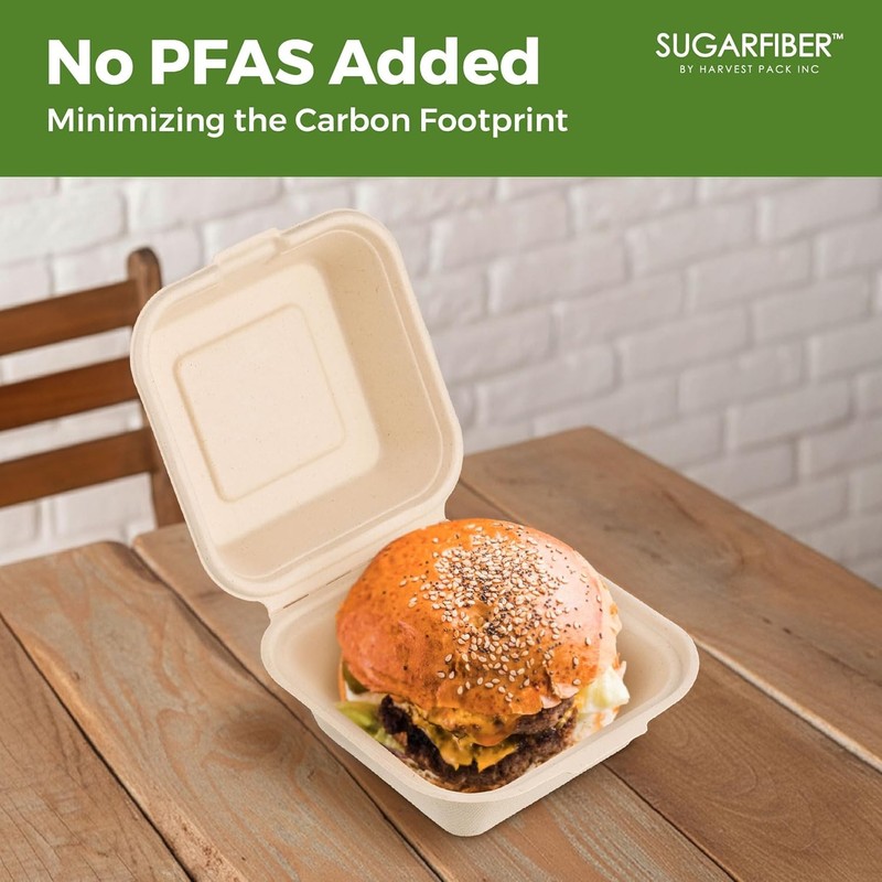 50 Count Compostable Take-Out Boxes, Square 6" Bagasse Clamshell gallery