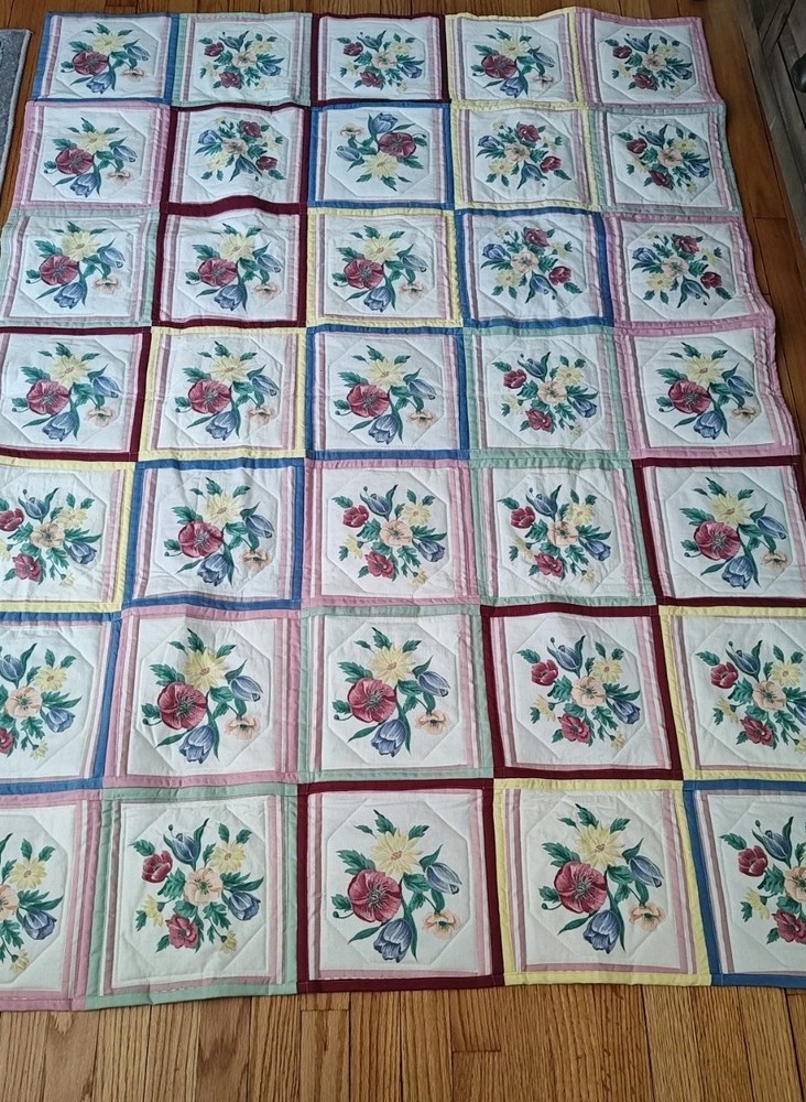 Handmade Quilt Patchwork Reversible Throw Lap Blanket 68”x48” Floral With Tote
