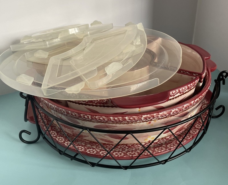 Temptations Versatile Old World Cranberry 8-Piece Lazy Susan Baking Set w Lids gallery