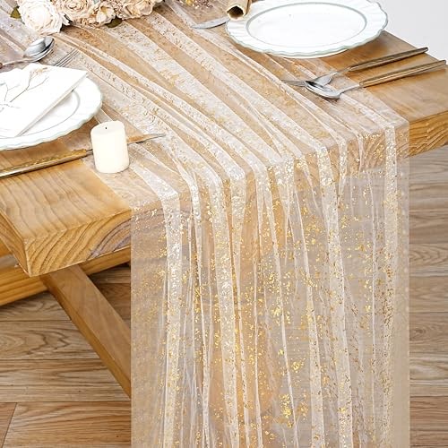 Gauze Table Runner 120 Inch 10FT, Sequin Metallic Foil 28"x120" Beige Gold gallery