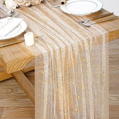 Gauze Table Runner 120 Inch 10FT, Sequin Metallic Foil 28″x120″ Beige Gold