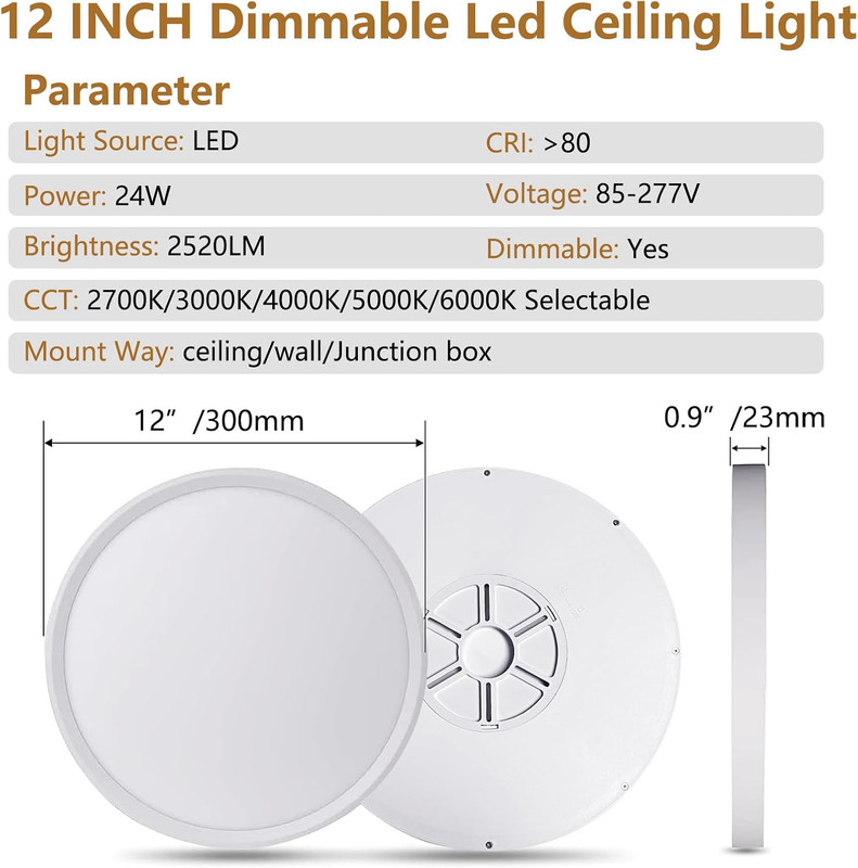 Dimmable 12 Inch LED Flush Mount Ceiling Light,12Pk,24W Led Ceiling Light,2520Lm gallery