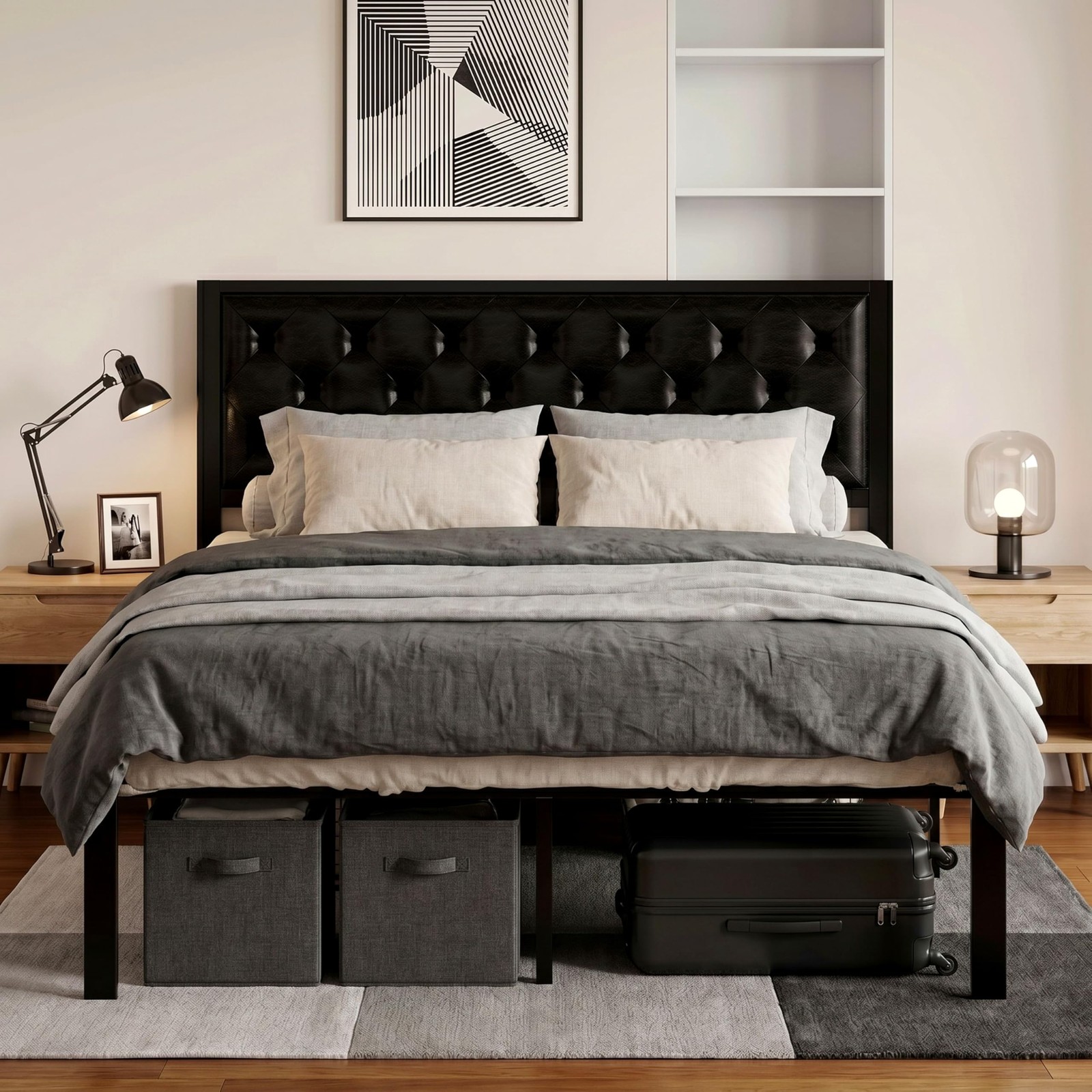 SHA CERLIN Queen Size Metal Platform Bed Frame with Faux Leather Upholstered But gallery