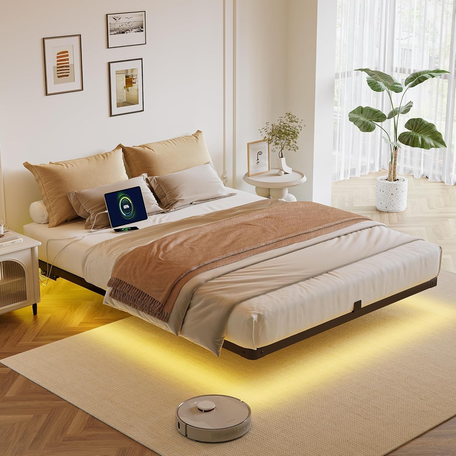 Modern Queen Size Floating Bed Frame with LED Lights & Charging Station gallery