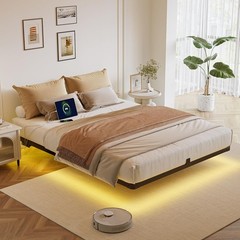 Modern Queen Size Floating Bed Frame with LED Lights & Charging Station
