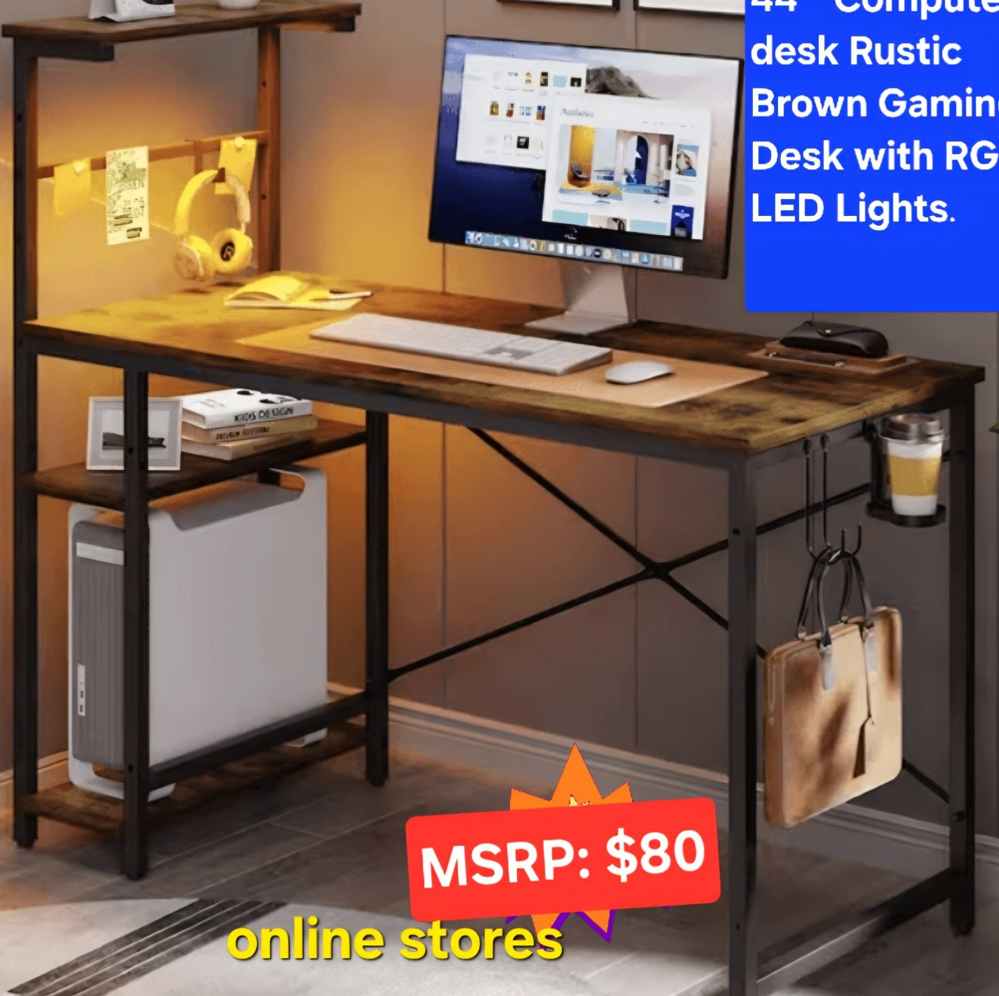 Folding Computer Desk Rustic Brown 44" Engineered Wood Metal Legs gallery