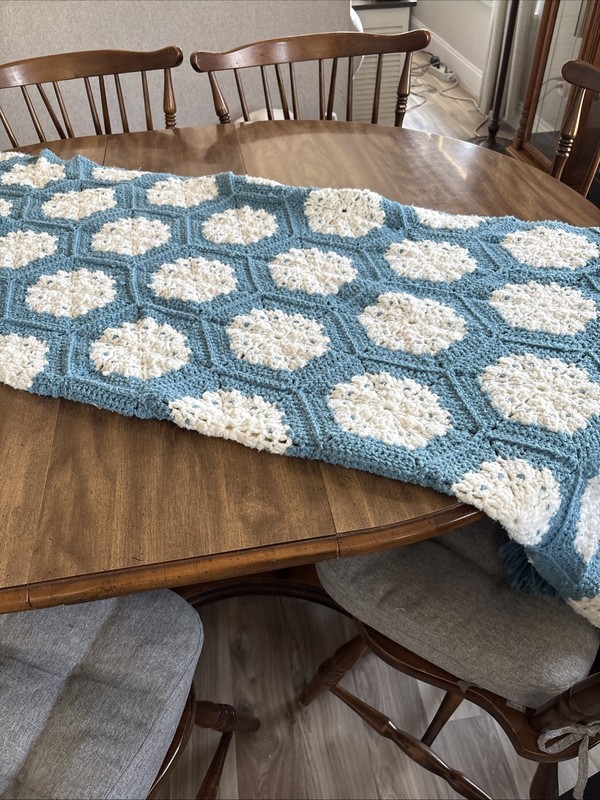 Handmade Crochet afghan Hexagon Pattern Blue and White. 47in. x 72 Granny Core gallery