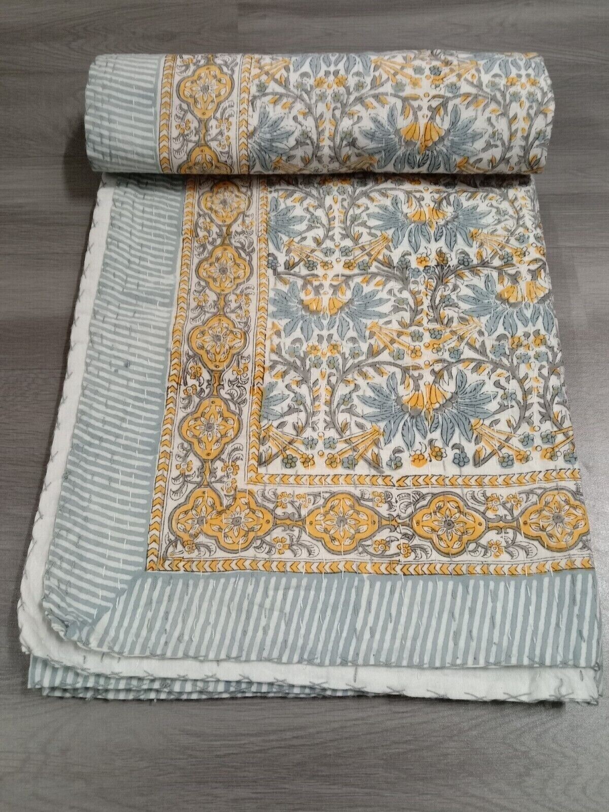 Indian Hand Block Print King Size Cotton Kantha Quilt Blanket Bedspread Throw gallery