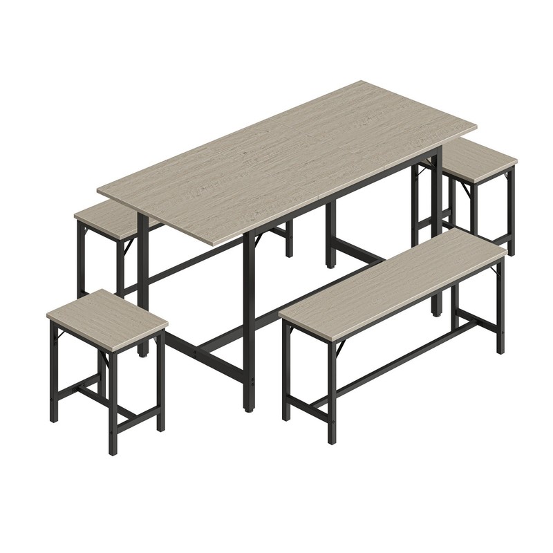 5 Piece Extendable Dining Table Set Wood Tabletop Steel Frame 2 Benches 2 Stools gallery