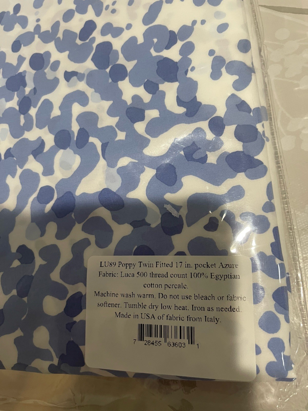 $295 Matouk Italy NWT (1pc) Twin Fitted Sheet 17” Blue Poppy 500TC Percale Azure gallery