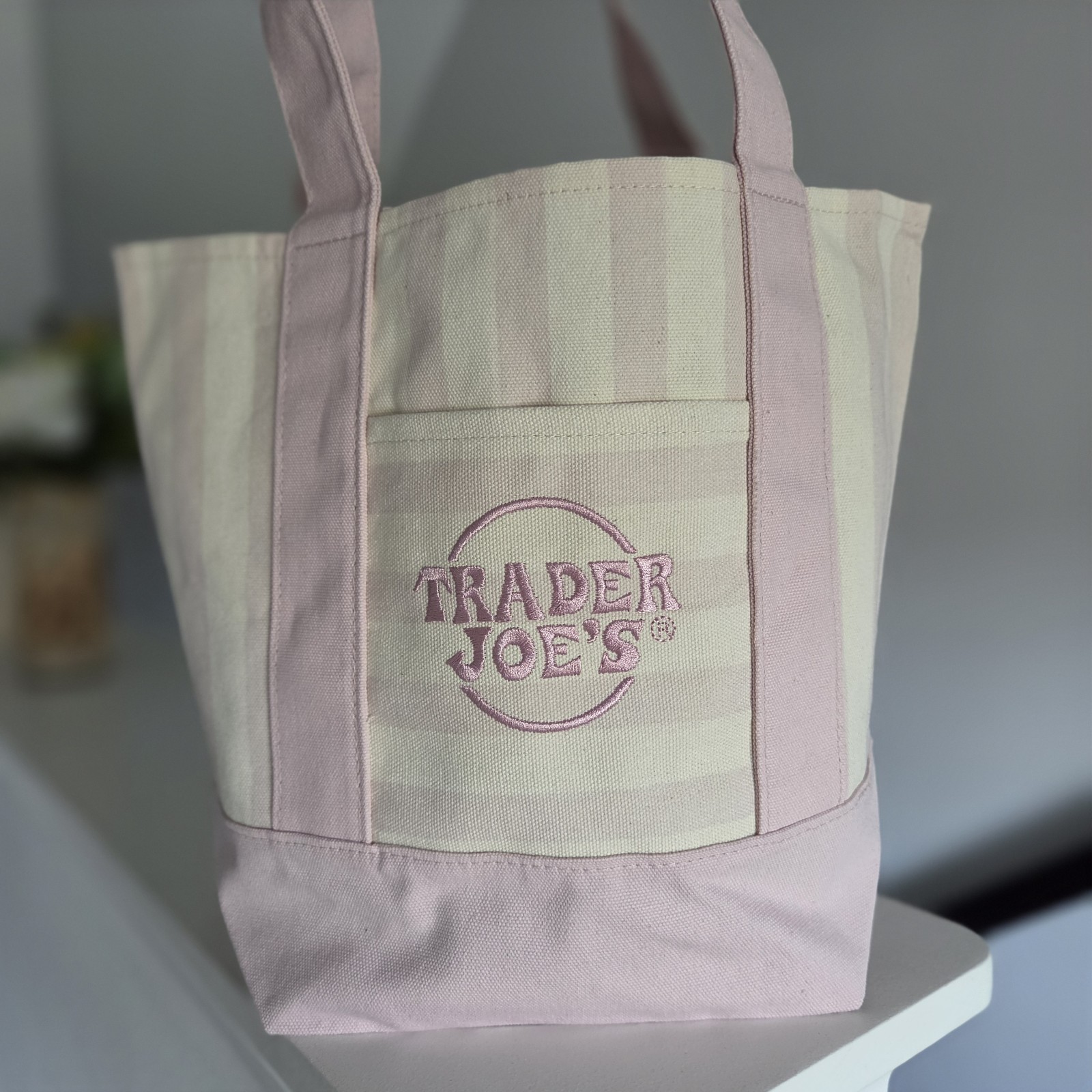 Trader Joe's Limited Mini Canvas Pastel Striped Tote Bag 2026 Pink gallery