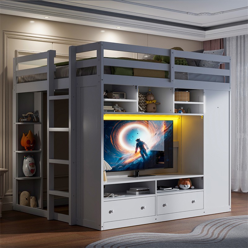 Wood Frame Full Size Loft Bed with Wardrobe,2 Drawers,Shelves and LED Light gallery