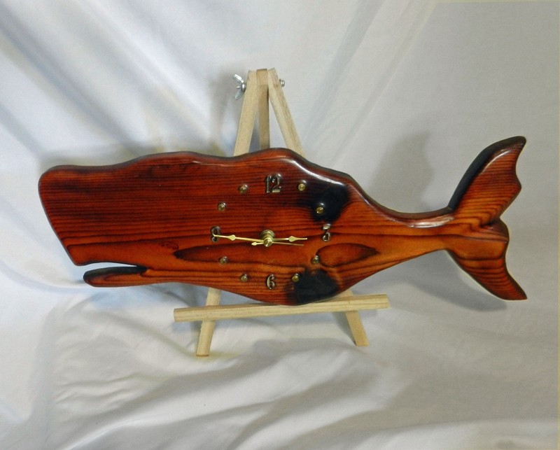 Vintage Handmade, Rustic Varnished Solid Wood Wall Clock Moby Dick Sperm Whale gallery