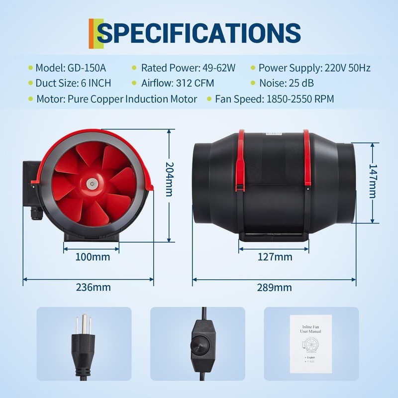 6" Inline Duct Stepless Speed Control Ventilation Exhaust Fan 312 CFM 25DB Home gallery