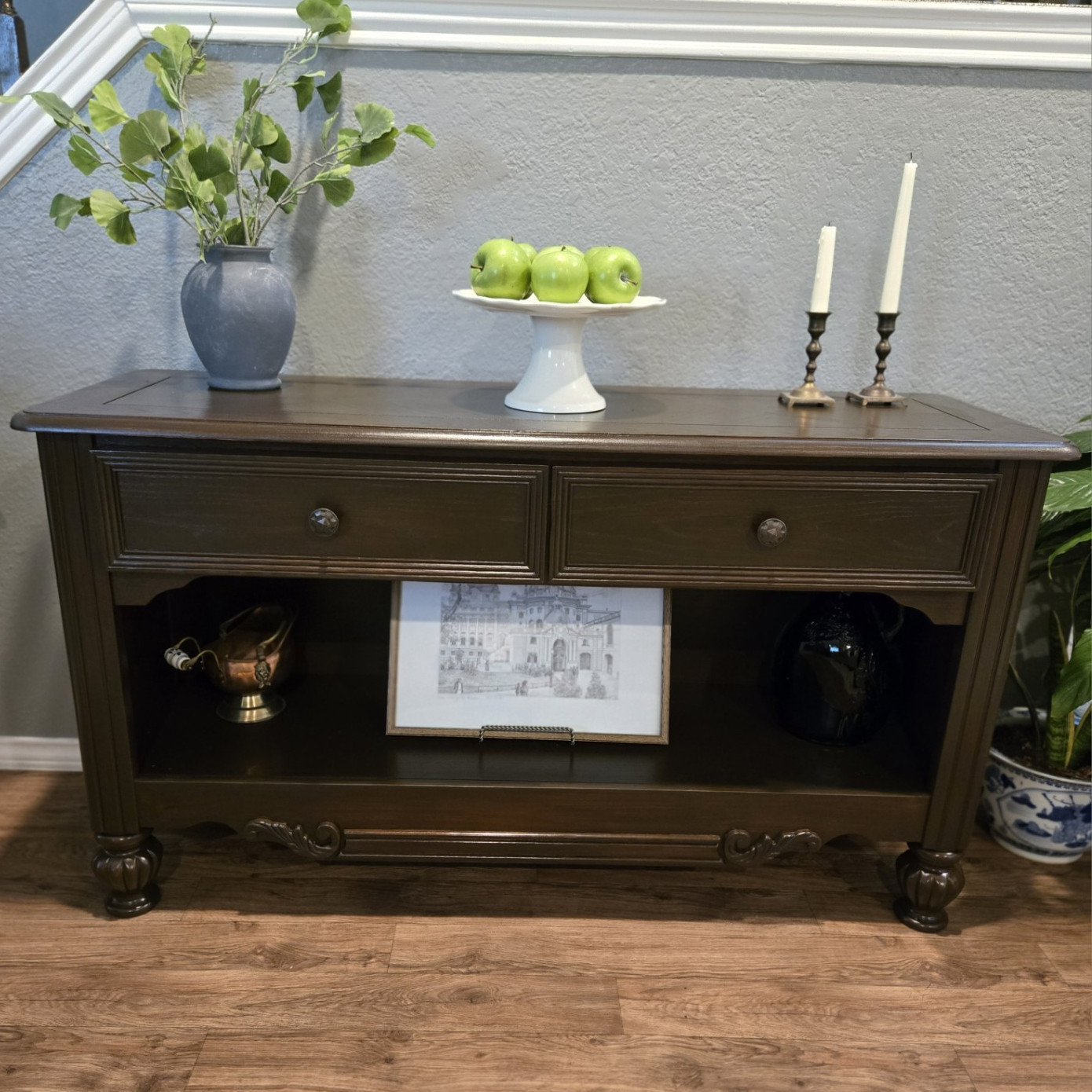 Brown Wood Sideboard, 2 Drawers & Open Shelf, 50x17x28 in gallery