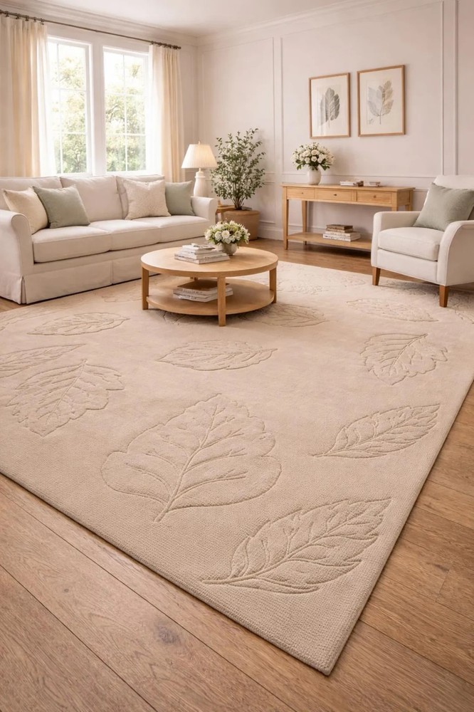Hand Tufted Loop & Cut Pile Leaf Design Rug – Modern Textured Wool Carpet 8x10