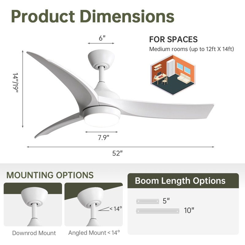 Sofucor 52in Simple White Ceiling Fan w/ 3 Downrods/3 Color Light/Remote Bedroom gallery