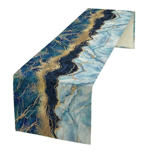Abstract Marble Table Runner,Navy Blue Gold 13"W x 36"L (Pack of 1) Style-55