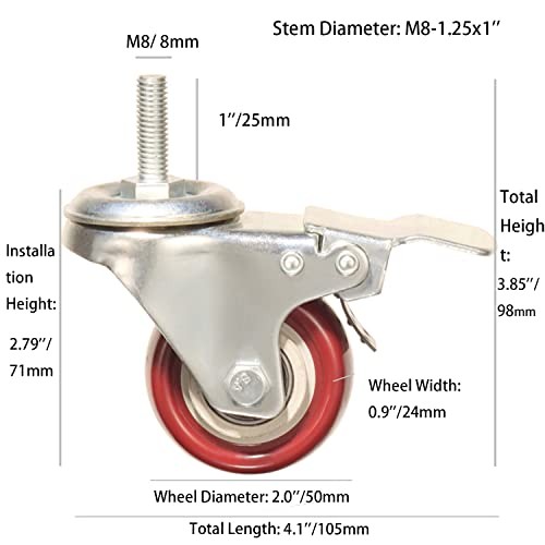 Heavy Duty Stem Caster Wheels Double Bearing PU Castors No 2 Inch With Brake gallery