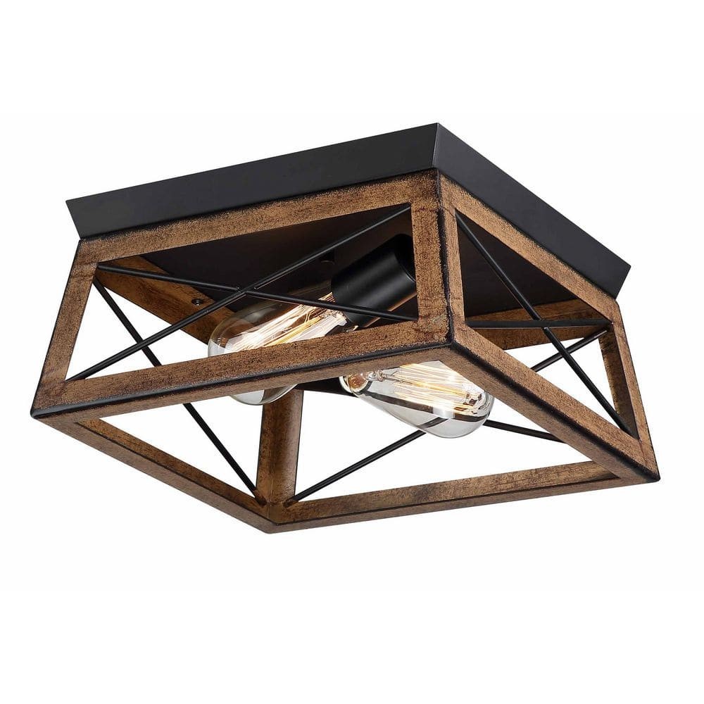 Hukoro 12"W 2-Light Flush Mount Light Matte Black with Barnwood Accents NF70492 gallery