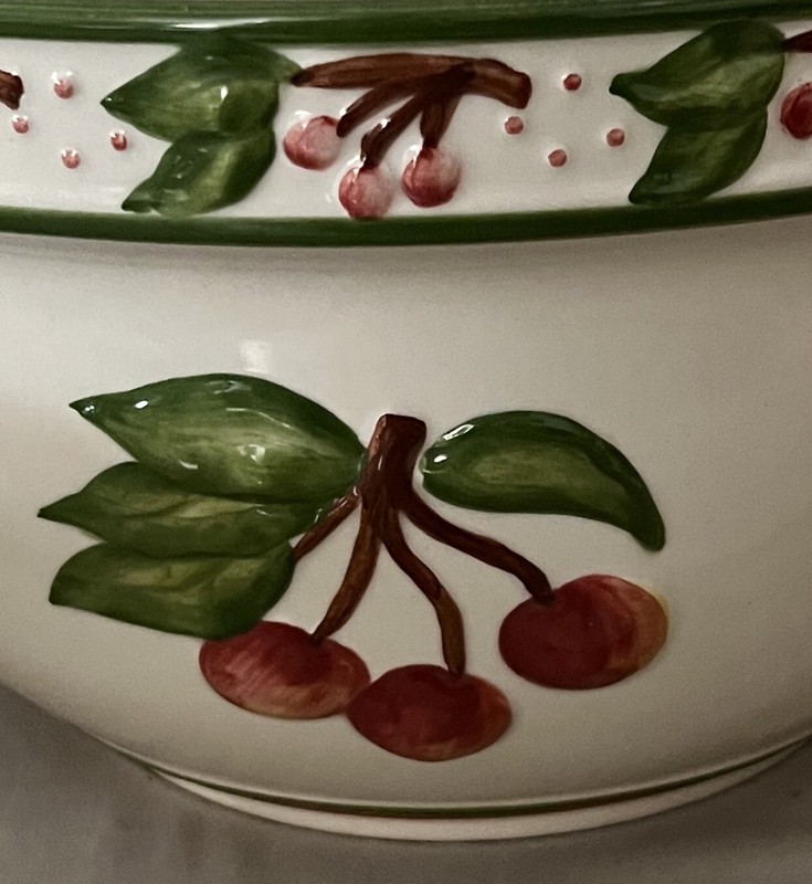 Green and Red Embossed Cherry Patterned 11.5" plate and 8.5" Bowl Set gallery