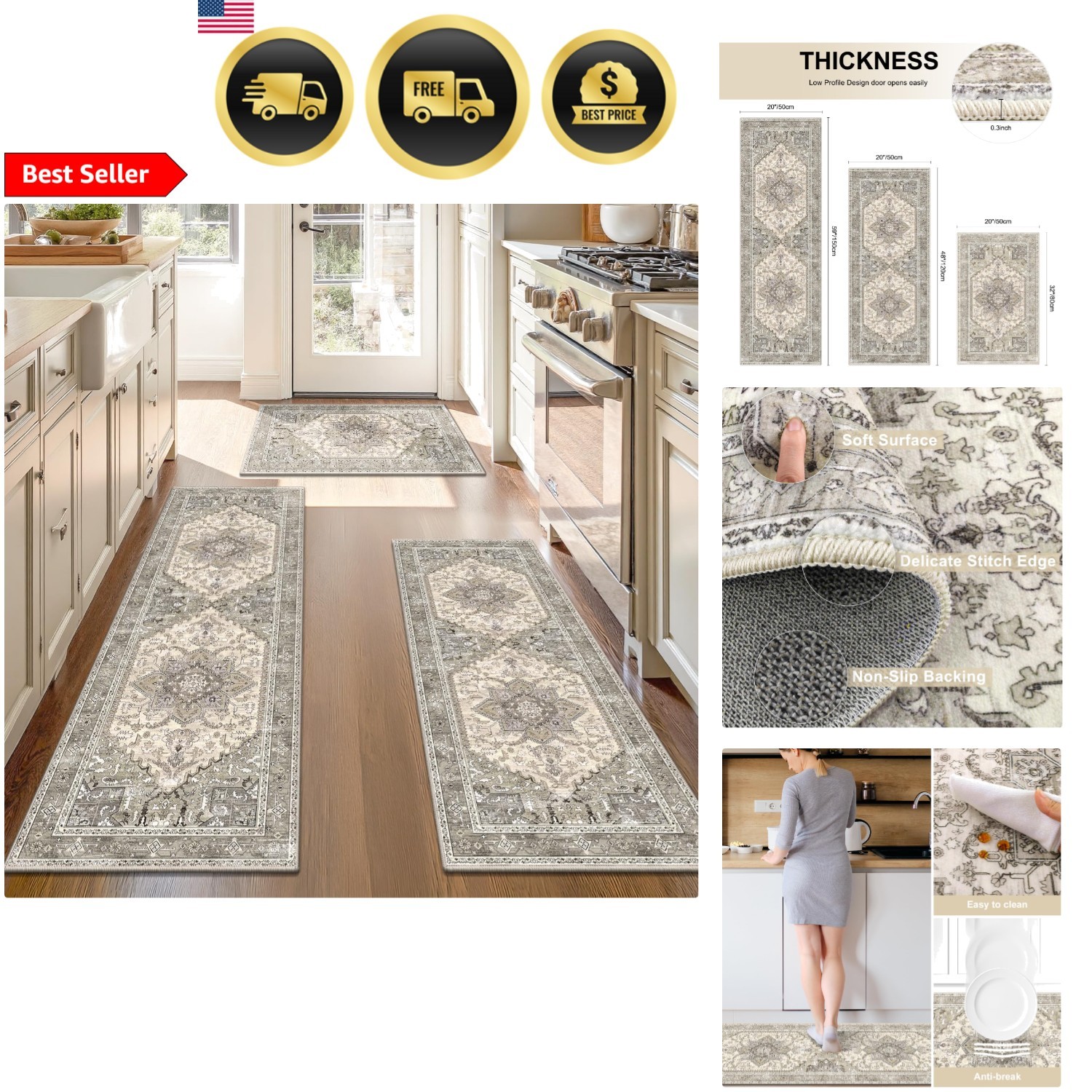 Boho Washable Kitchen Rugs Sets of 3, Non Slip Kitchen Mats for Floor with Ru... gallery