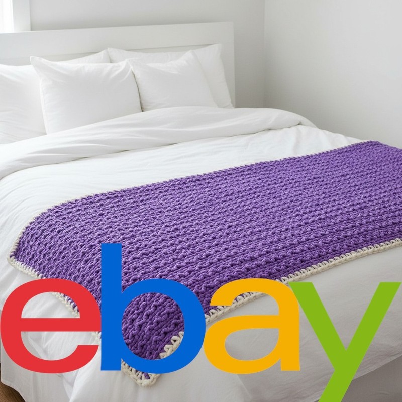 Handmade Chunky Knit Blanket Purple with White Trim Broken Herringbone Stitch gallery