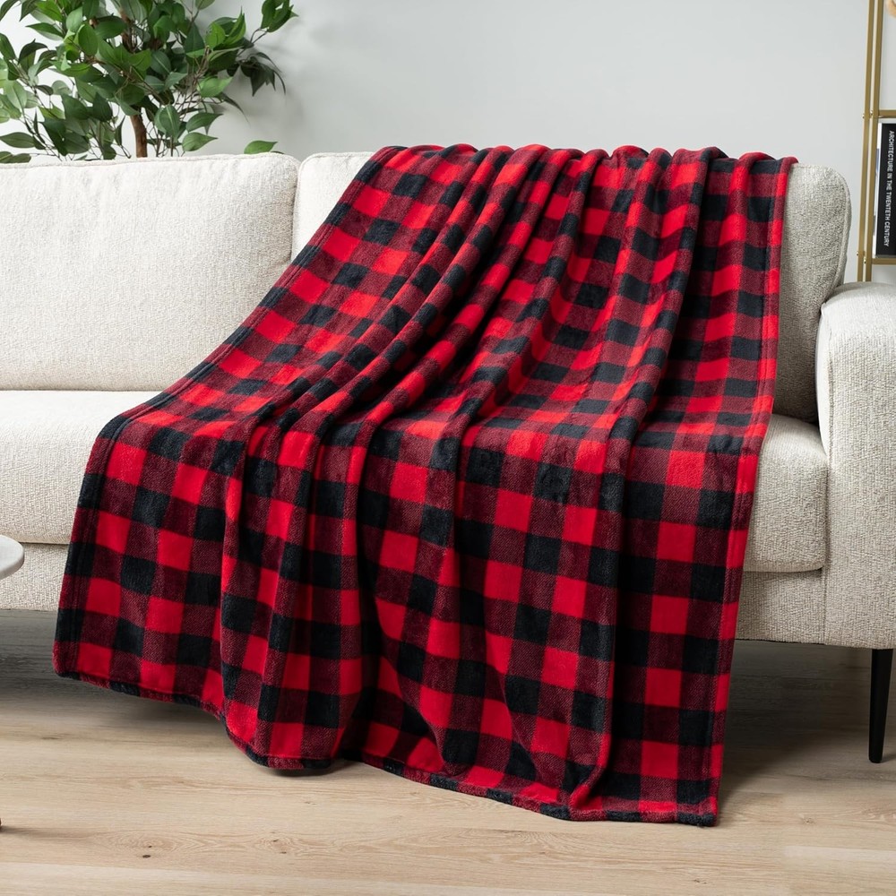 Black and red buffalo check wool sofa blanket, soft flannel sofa blanket