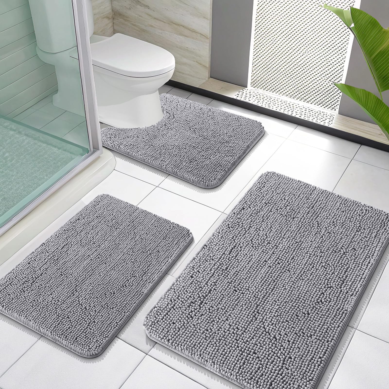 Quick Dry Bath Mats, 3 Piece Chenille Set, U Shaped Rug, Grey gallery