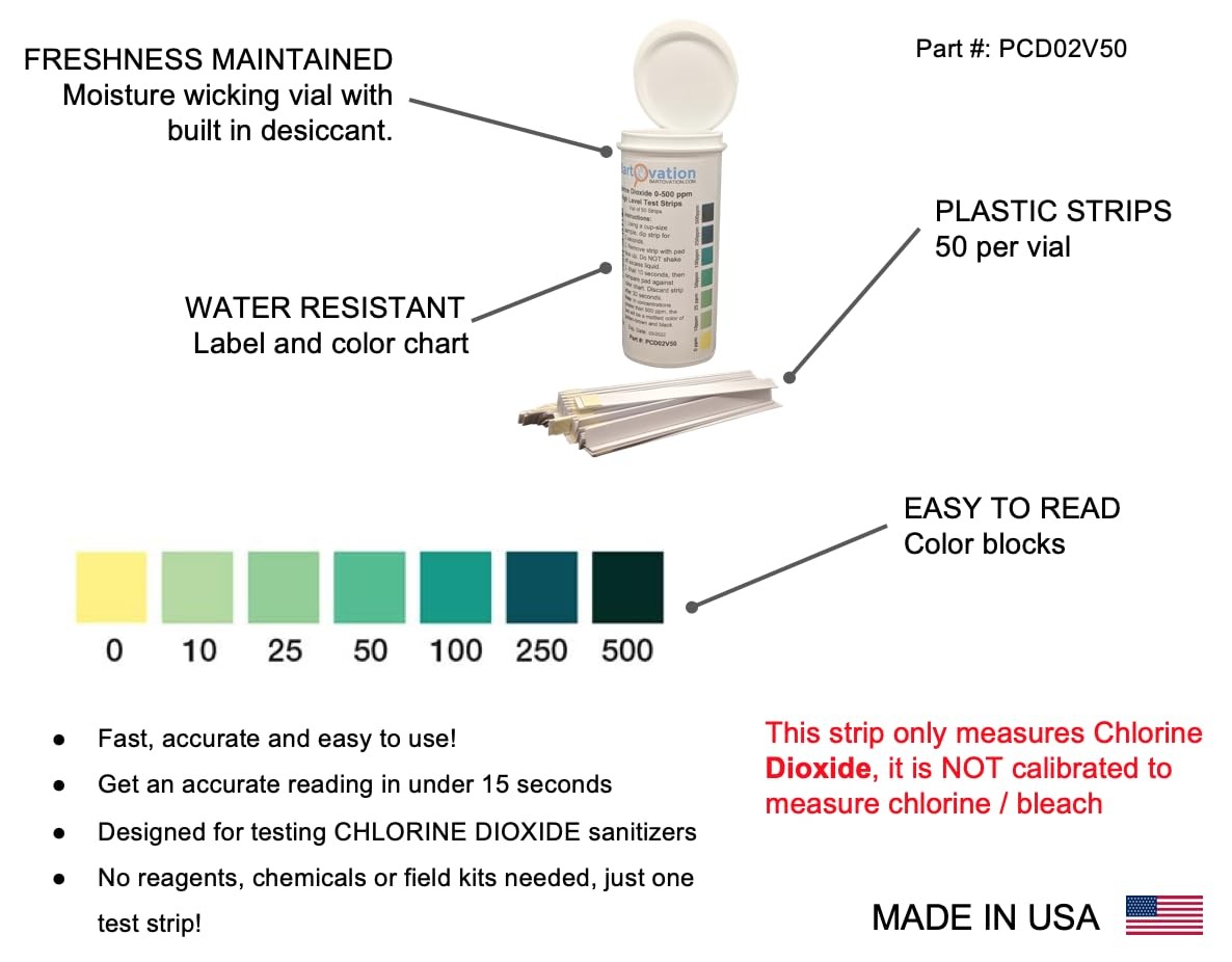 Bartovation Chlorine Dioxide Single Factor Test Strips 0-500 Ppm Vial Of 50 gallery