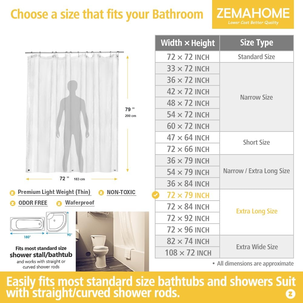 ZEMAHOME Extra Long Clear Plastic Shower 72"W x 80"L (Pack of 1), A01-clear gallery