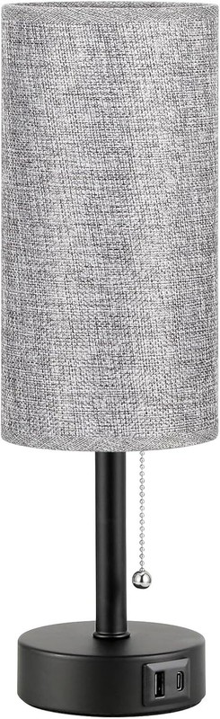 Gray Bedside Lamp for Nightstand - Small Table Lamp with USB A + C Charging Port gallery