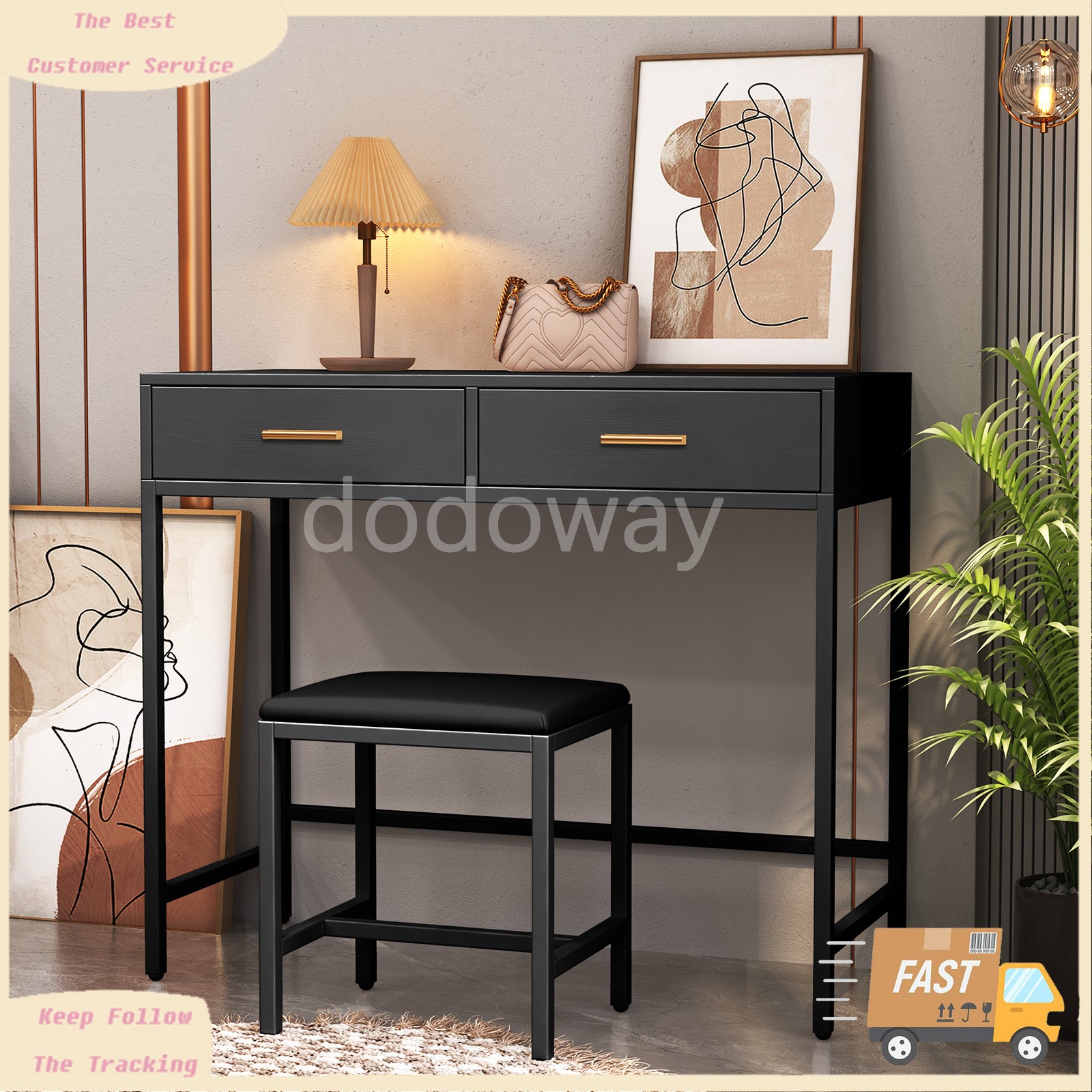 Black Modern Vanity Desk Stool Computer Home Office Study Table with 2 Drawers gallery