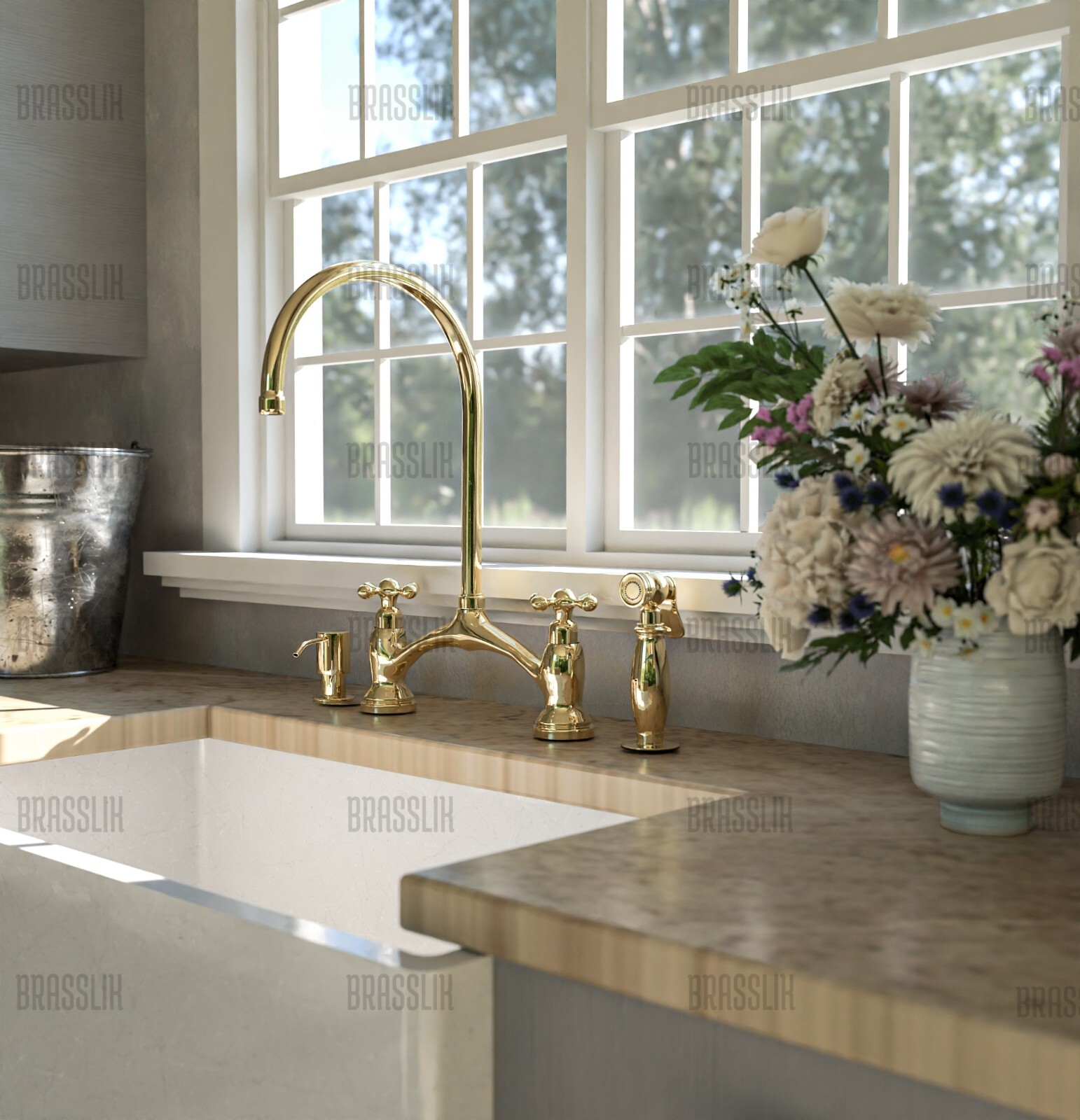 Unlacquered Victorian Brass Bridge Faucet, Vanity Kitchen Sink Brass Faucet gallery
