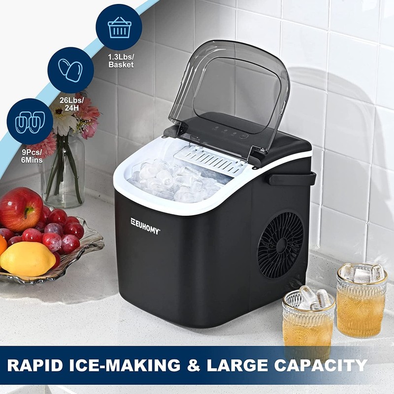 Euhomy Ice Maker Machine Countertop with Handle 26lbs/24H 9 Bullet Ice Cubes ... gallery