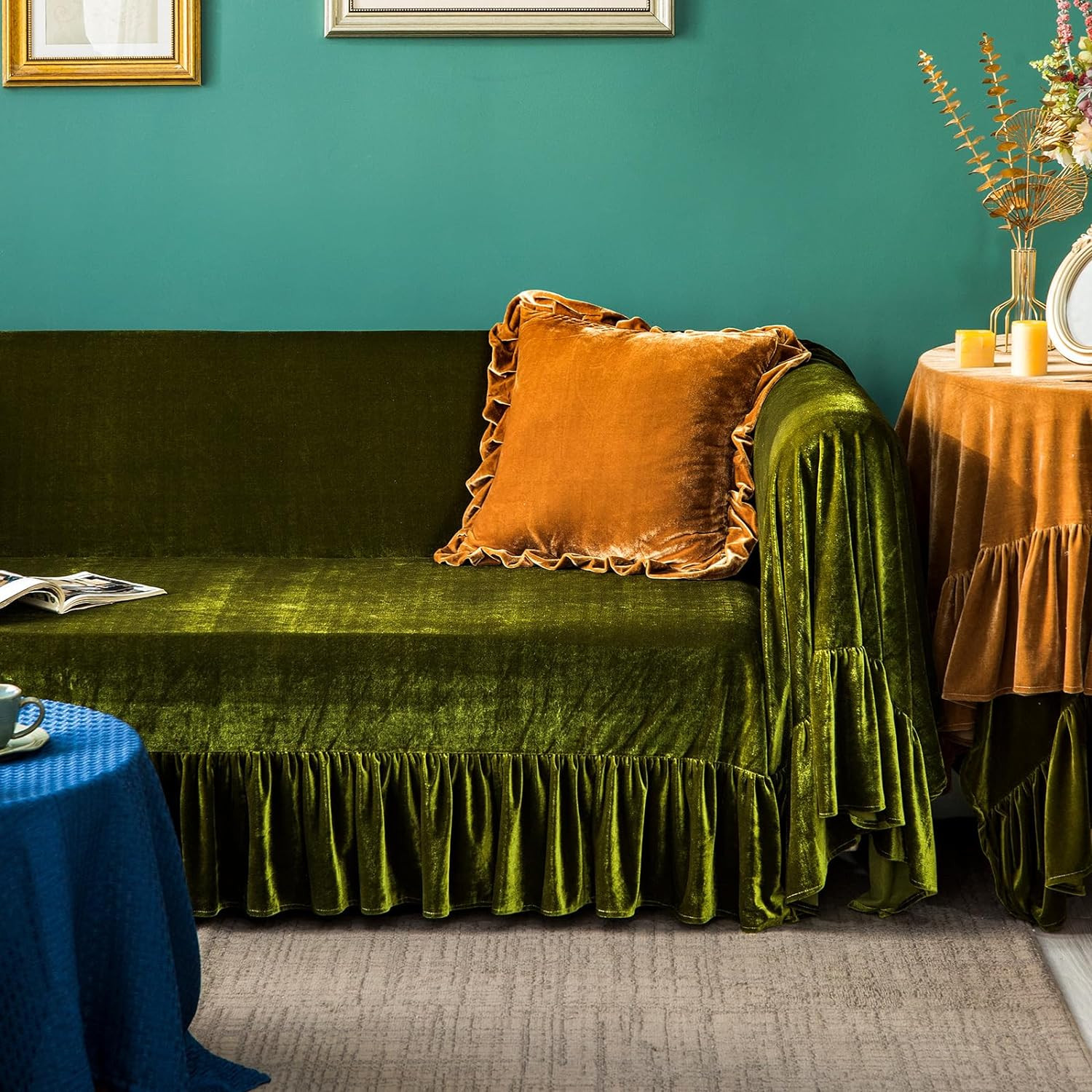 Velvet Sofa Cover Soft Decorative Luxurious Solid Exquisite Ruffle Trim,Retro... gallery