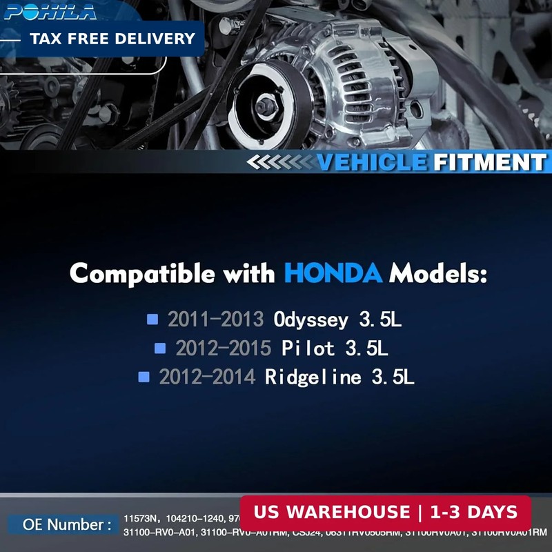 11573N Alternator Compatible with 2011 2012 2013 Honda Odyssey V6 3.5L, 2012 201 gallery