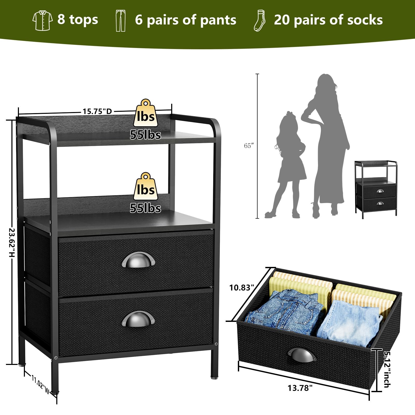 Rustic Black Modern Nightstand 2 Fabric Drawer Sturdy Metal Frame 55LB Table gallery