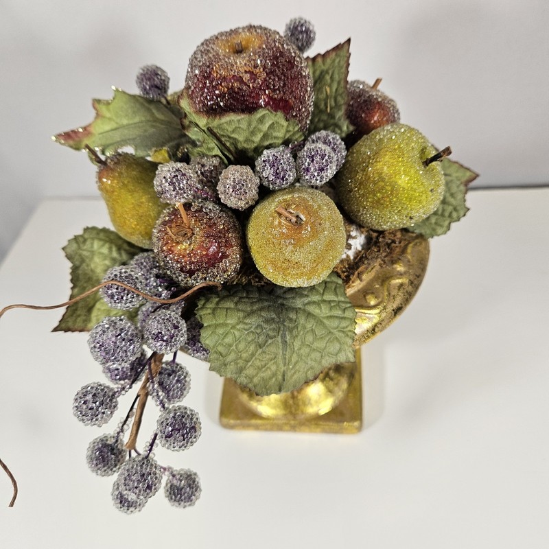 Della Robbia Style Sugared Beaded Fruit Gold Urn Christmas Table Decor Vintage gallery