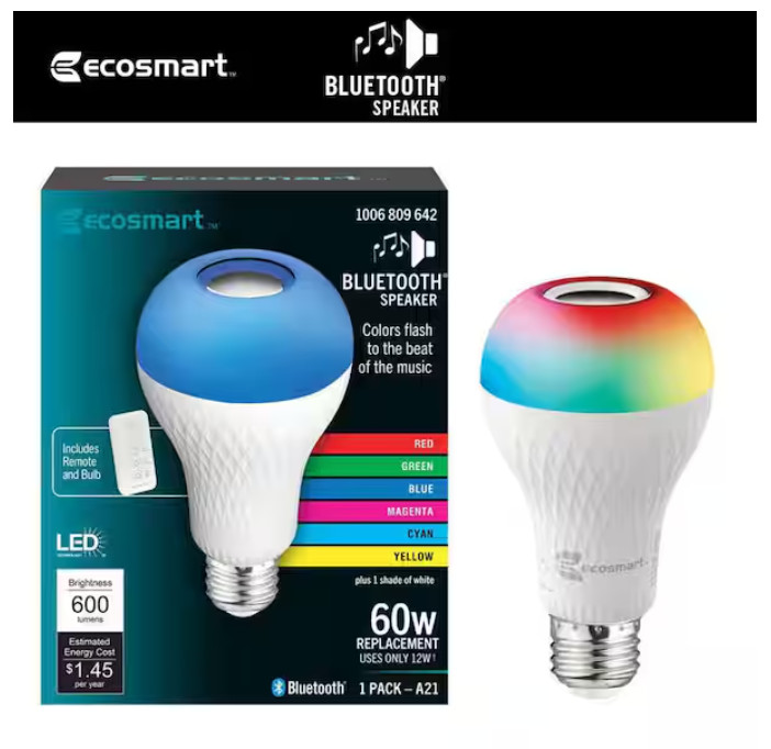 EcoSmart Bluetooth Speaker Medium LED Light Bulb W/ Remote Control (1-Pack) gallery