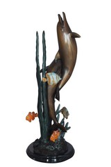 Two Dolphins with fish, table top bronze statue. – Size: 8″L x 8″W x 22″H.
