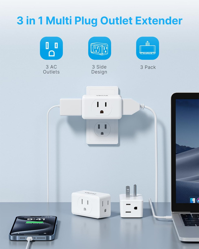 Multi Plug Wall Outlet Extender 2 Pack, VINTAR Electrical Multiple Outlet gallery