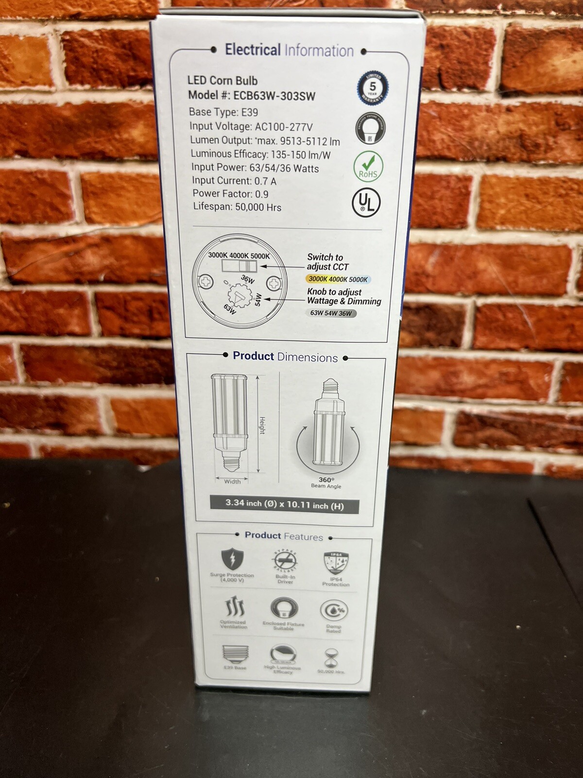 Euri Lighting LED Corn Bulb ECB63W-303sw - Tunable Wattage & CCT, IP64, DLC 5.1 gallery