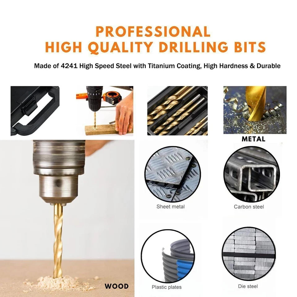 99Pack Drill Bit Set 1/16"-3/8" HSS Titanium Multi Drill Bits Twist Metal Tools gallery