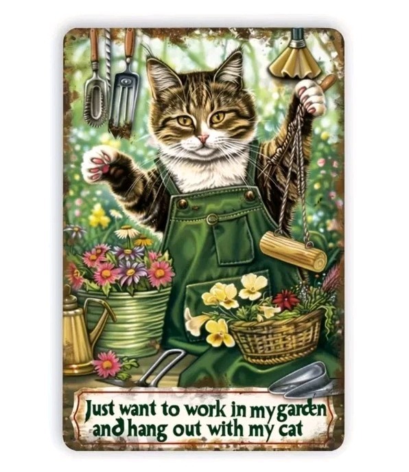 Vintage Cat Garden Metal Tin Sign Rustic Funny Cat Overalls Tools Flowers 8x12" gallery
