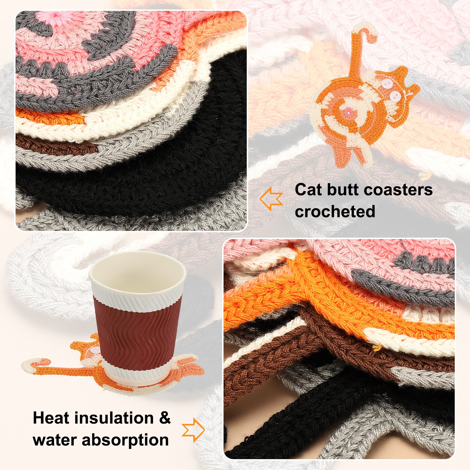 6PCS Cat Coasters, 15CM Cute Coasters Cat Butt Crochet, 6 Color gallery