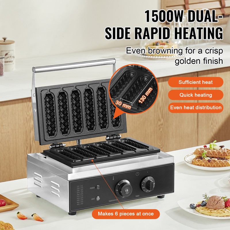 VEVOR 6PCS Commercial Waffle Stick Maker Waffle Baker Hot Dog Waffle Iron 1500W gallery